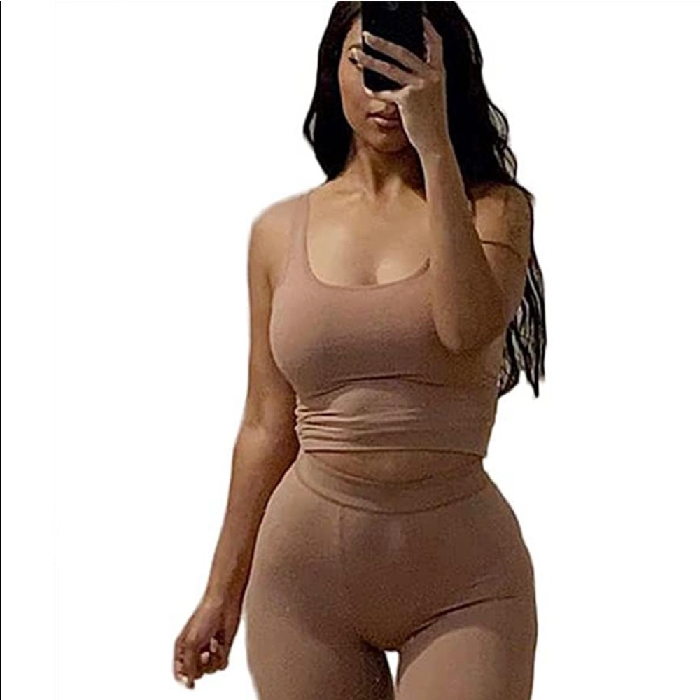 Ribbed Knitted Women 2 Piece Set Gym Crop Tank Top Leggings Set
